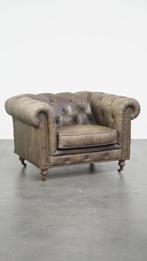 Grijze rundleren chesterfield clubfauteuil in Engelse stijl, Ophalen, Klassiek, Engels, Gebruikt, .