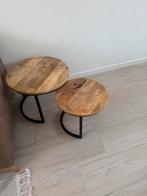 2 kleine rond houten bijzettafels, Huis en Inrichting, Tafels | Bijzettafels, Ophalen, Zo goed als nieuw, Rond, Minder dan 55 cm
