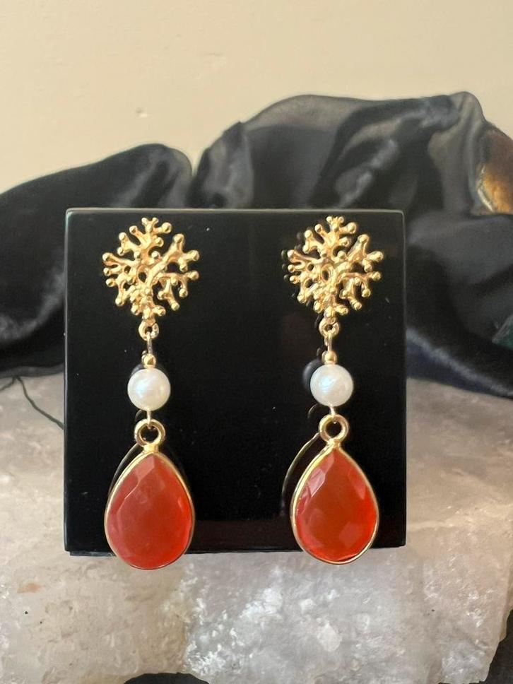 Akoya zoutwater parel carneool beschermt geluk energie power, Sieraden, Tassen en Uiterlijk, Oorbellen, Nieuw, Zilver, Oranje