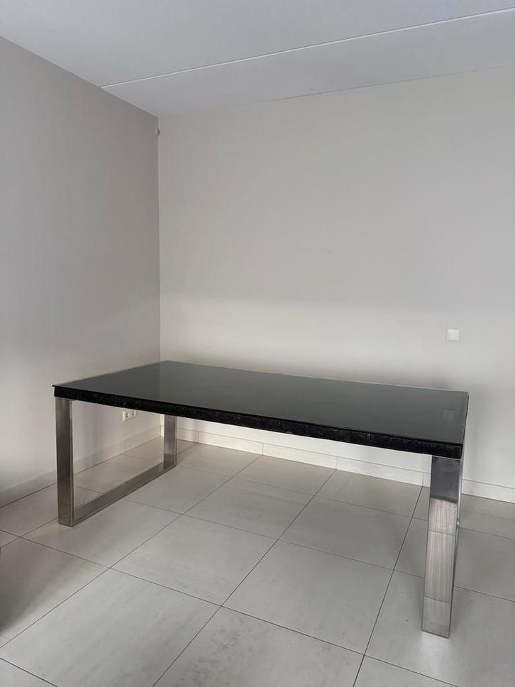 Eettafel met gehard glasblad, Huis en Inrichting, Tafels | Eettafels, Gebruikt, 50 tot 100 cm, 200 cm of meer, Rechthoekig, Glas