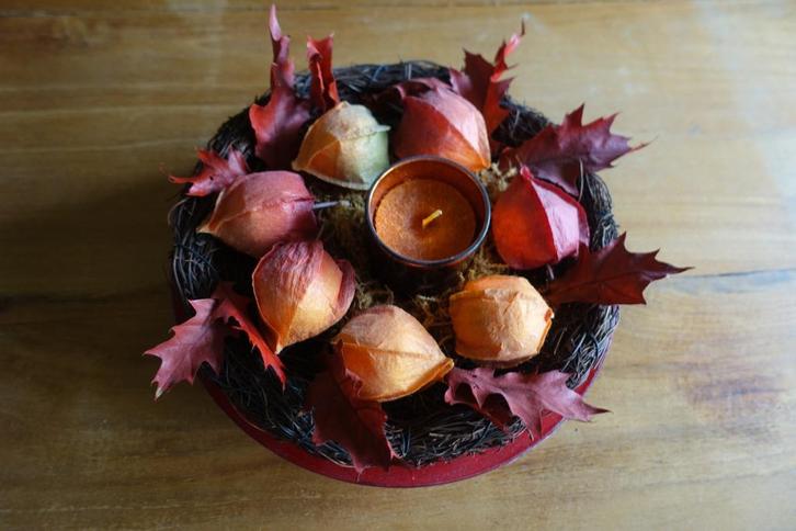 decoratieve herfst schaal met geurkaars en krans, Huis en Inrichting, Woonaccessoires | Overige, Ophalen