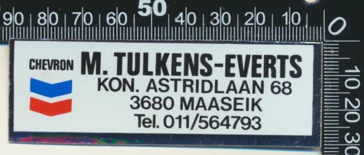 Sticker: Tulkens Everts - Chevron - Maaseik, Verzamelen, Stickers, Zo goed als nieuw, Auto of Motor, Ophalen of Verzenden