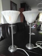 tin tafellamp sfeerlamp met melkglas kap 2 stuks zeer fraai, Huis en Inrichting, Ophalen of Verzenden, Zo goed als nieuw, Glas