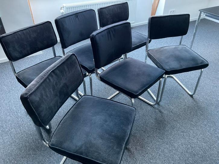 6 retro buisframestoelen zwart, Huis en Inrichting, Stoelen, Zo goed als nieuw, Stof, Zwart, Ophalen