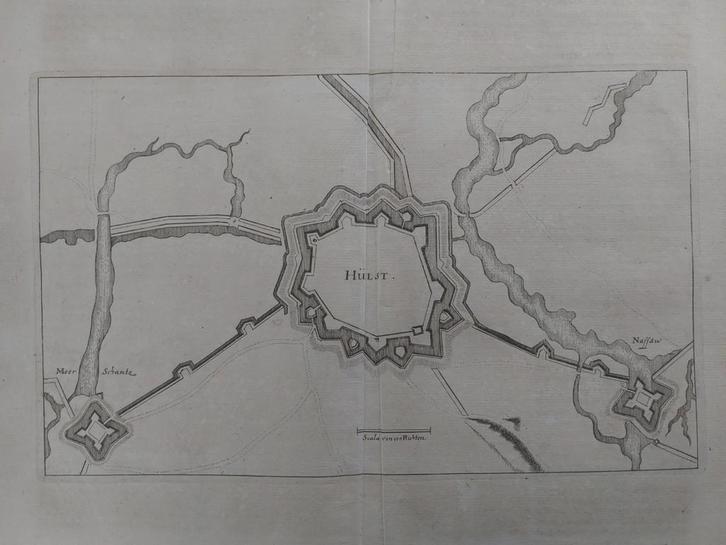 38 / Plattegrond Hulst Gravure uit 1659 van C. Merian, Antiek en Kunst, Kunst | Etsen en Gravures, Ophalen of Verzenden