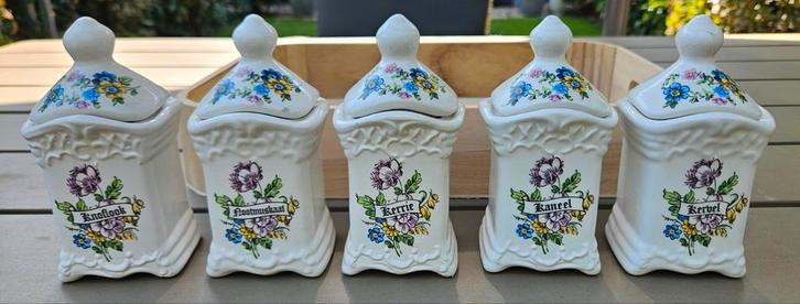 Kruidenpotjes, 5 stuks met deksel  - Handwerk 88 Delft, Antiek en Kunst, Antiek | Keramiek en Aardewerk, Ophalen of Verzenden