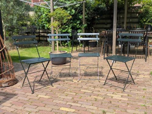 Franse bistro stoeltjes, donker groen, 2 stuks, Tuin en Terras, Tuinstoelen, Gebruikt, Hout, Inklapbaar, Ophalen