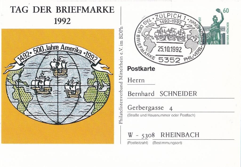 Duitsland – Postkarte – Tag der Briefmarke 1992, Verzenden, Briefkaart