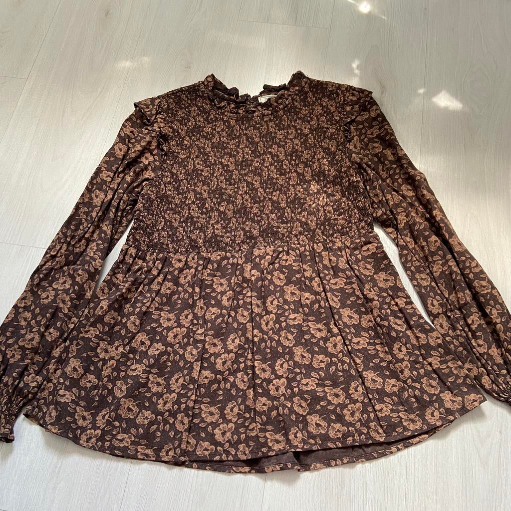 bruine gebloemde FATFACE blouse met gesmockt lijfje mt 42, Verzenden, Zo goed als nieuw, Maat 42/44 (L), Bruin