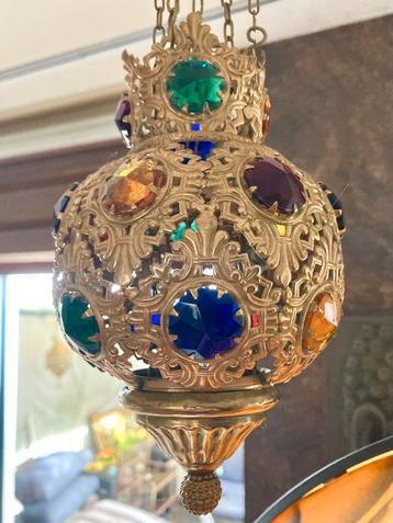 Antieke messing glas juwelen kaars lamp olielamp kettingen. beschikbaar voor biedingen