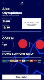 Ajax vs Olympiakos vak 122 1 kaartje, Tickets en Kaartjes, Sport | Voetbal, Losse kaart, Eén persoon, Januari, Europa of Champions League