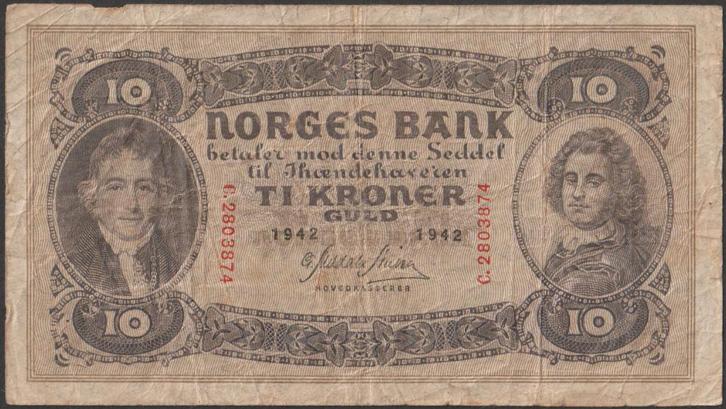 Noorwegen 10 kroner 1942 gebruikt p.8c (nr 35), Postzegels en Munten, Bankbiljetten | Europa | Niet-Eurobiljetten, Los biljet