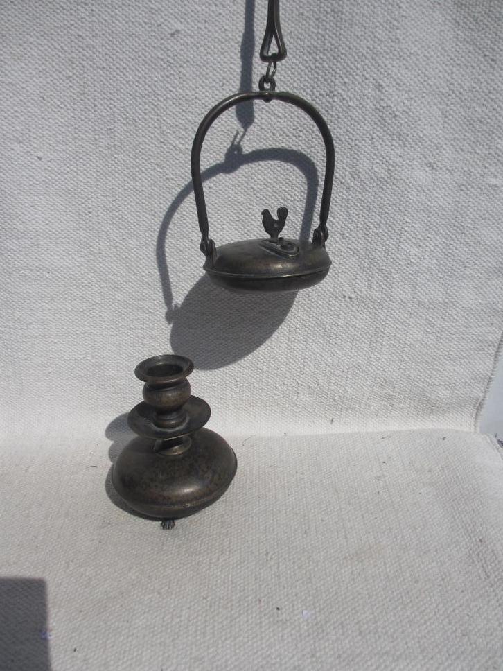 Vintage Brons Frans wevers(olie)lamp en kandelaar, Antiek en Kunst, Antiek | Kandelaars, Koper of Brons, Ophalen of Verzenden