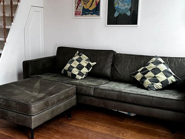 Woood Robin bank, 3-zits, warmgroen met poef, Huis en Inrichting, Banken | Bankstellen, Gebruikt, Rechte bank, Driepersoons, 200 tot 250 cm