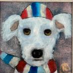 Witte hond met muts en sjaal in lijst, Antiek en Kunst, Ophalen of Verzenden
