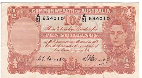 Australië, 10 Shilling, 1939/54, serie A (zeldzaam), Postzegels en Munten, Bankbiljetten | Oceanië, Los biljet, Verzenden