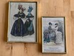 2x Antieke Vintage Brocante modeprentjes in gouden lijst, Ophalen of Verzenden