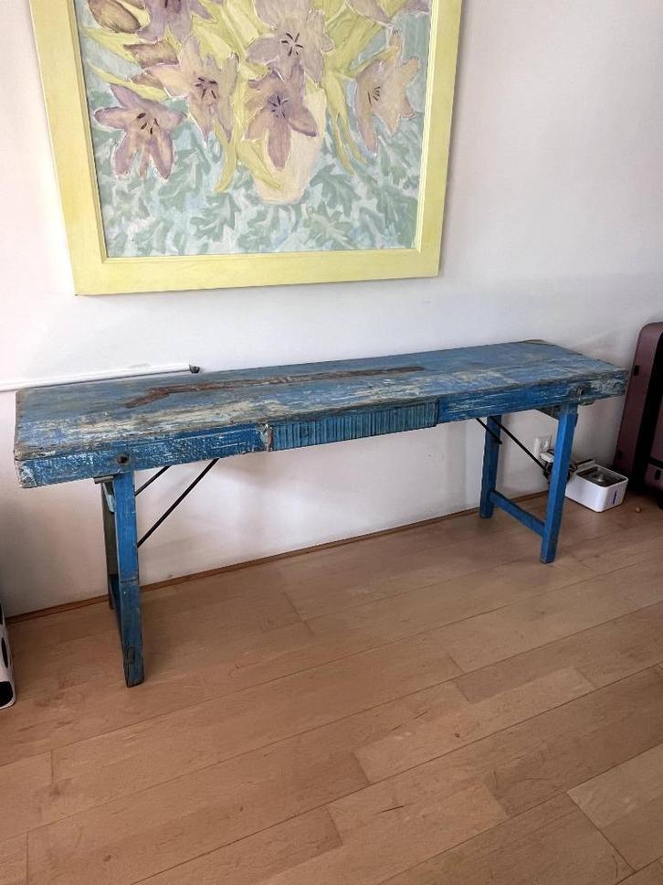 Opklapbare vintage veldtafel, Huis en Inrichting, Tafels | Sidetables, Zo goed als nieuw, 25 tot 50 cm, 150 tot 200 cm, Rechthoekig