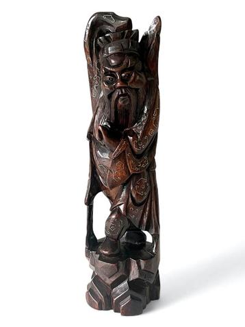 Oud Chinees houtsnijwerk met zilver inleg, 1900-1950 beschikbaar voor biedingen