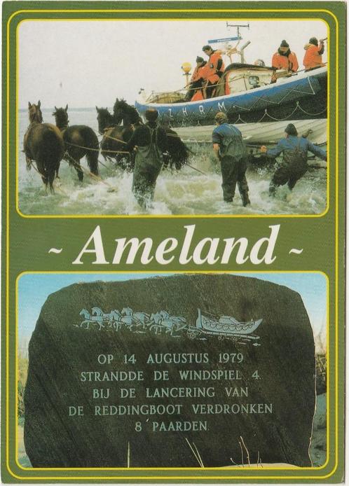 AMELAND Reddingsboot met Paarden en Monument, Verzamelen, Ansichtkaarten | Nederland, Ongelopen, Waddeneilanden, 1980 tot heden