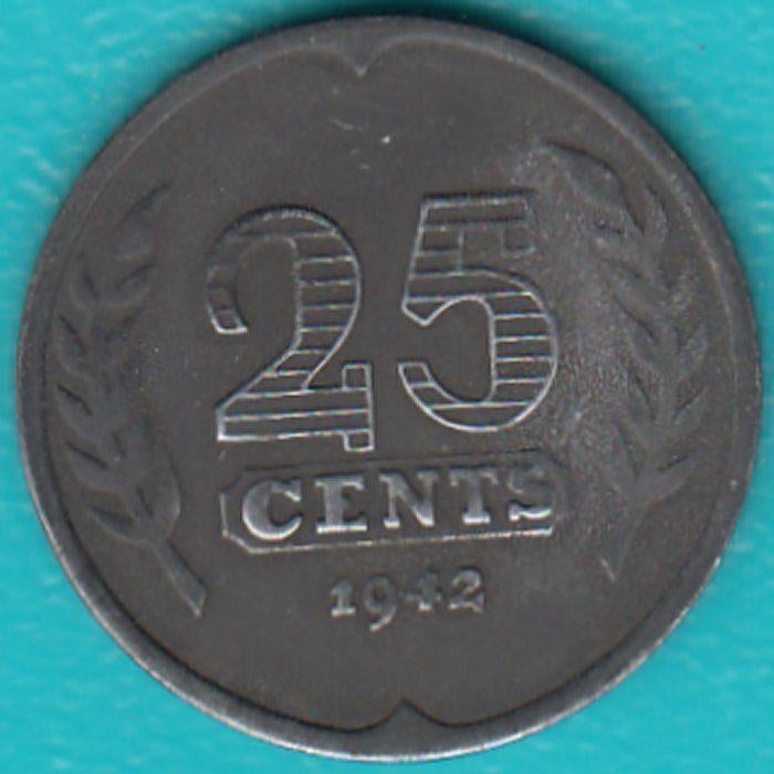 Nederland 25 cent 1942 Wilhelmina zink, Sch. 1029, Ophalen of Verzenden, Koningin Wilhelmina, 25 cent, Losse munt