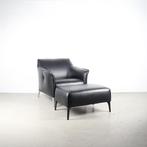 2x Leolux Mayon Fauteuil + Hocker Zwart Leer – Staal, Niet ingevuld, Niet ingevuld, Ophalen of Verzenden, Zo goed als nieuw