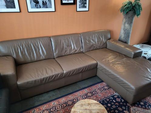 Bankstel leder met liggedeelte bruin/taupe, Huis en Inrichting, Banken | Sofa's en Chaises Longues, Zo goed als nieuw, Driepersoons