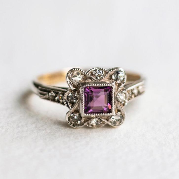 Vintage 9K goud & zilver ring Art deco Amethist CZ - 17, Sieraden, Tassen en Uiterlijk, Ringen, Zo goed als nieuw, Dame, 17 tot 18