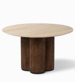 Ronde japandi tafel Travertin 120x120cm met walnoot poot, Ophalen, Japandi, Rond, Nieuw