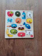Houten puzzel thema eten en drinken., 10 tot 50 stukjes, Ophalen of Verzenden, Zo goed als nieuw, Van hout