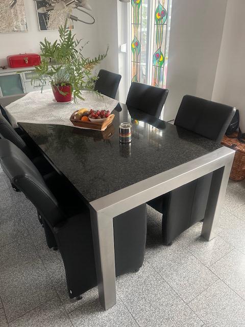 Eetkamer tafel (Graniet + RVS), Huis en Inrichting, Tafels | Eettafels, Zo goed als nieuw, 50 tot 100 cm, 200 cm of meer, Rechthoekig