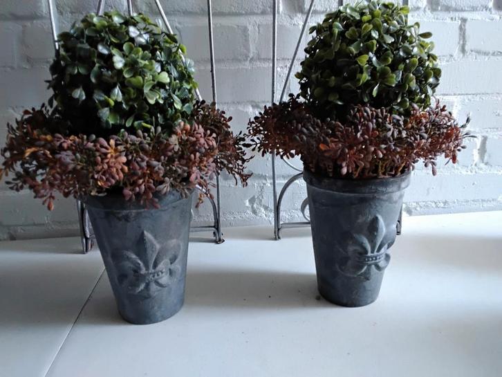 2 Gietijzeren bloempotten met franse lelie, Tuin en Terras, Bloempotten, Zo goed als nieuw, Metaal, Rond, Ophalen