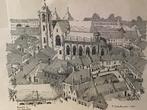 Oude tekening van een stad Begijnhof O,L Vrouwekerk, Antiek en Kunst, Ophalen of Verzenden