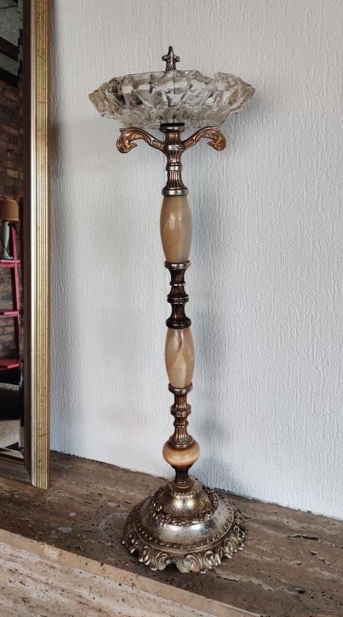Vintage staande asbak – messing, onyx & kristal – jaren ‘70, Antiek en Kunst, Antiek | Kandelaars, Ophalen of Verzenden