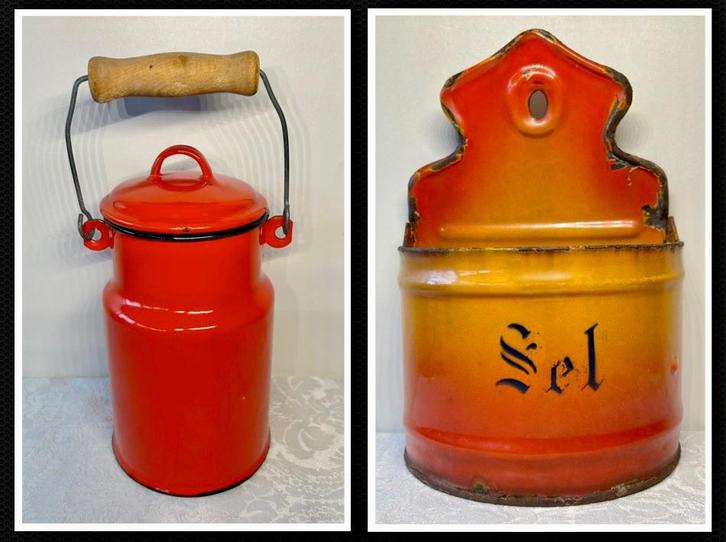 Emaille melkemmertje en zoutpot Frans, Antiek en Kunst, Antiek | Emaille, Ophalen of Verzenden