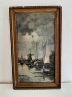 Oud dorpsgezicht molen aan water met zeilboten, Antiek en Kunst, Kunst | Schilderijen | Klassiek, Ophalen of Verzenden