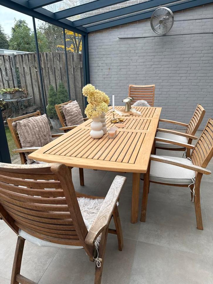 Teak tuinset: Tafel, 2 verstelbare stoelen + 4 stoelen, Tuin en Terras, Tuintafels, Gebruikt, Rechthoekig, Teakhout, Ophalen of Verzenden