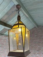 Grote hanglamp lantaarn roestkleuring met glas, Huis en Inrichting, Lampen | Hanglampen, Ophalen, Zo goed als nieuw, Glas