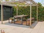 Tuintafel + 2 banken Milos eucalyptushout, Ophalen, Gebruikt, Hout