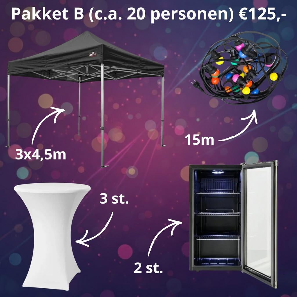 FEESTPAKKET EASY-UP TENT VOOR 20 PERSONEN €125,=, Hobby en Vrije tijd, Feestartikelen | Verhuur, Ophalen of Verzenden, Zo goed als nieuw