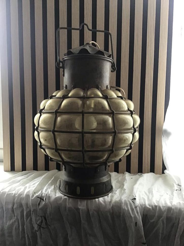Koperen Scheepslamp met Geblazen Glas, Antiek en Kunst, Antiek | Lampen, Ophalen