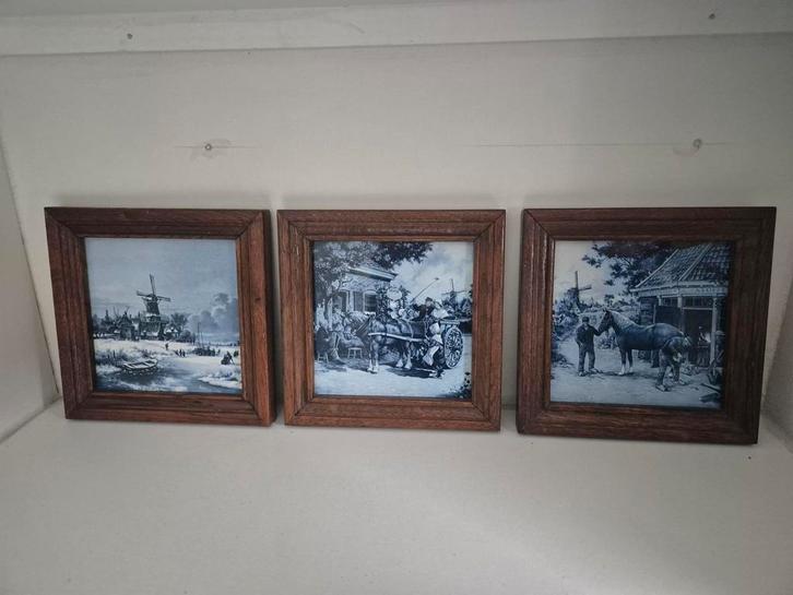 Delftsblauwe Wandtegels met Lijst - 3 Stuks, Antiek en Kunst, Antiek | Wandborden en Tegels, Ophalen