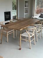Eikenhouten eettafel, 220x86 cm, goud metalen onderstel, Huis en Inrichting, Tafels | Eettafels, Gebruikt, 200 cm of meer, Vijf personen of meer