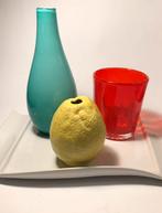 Set vazen in felle kleuren oranje, geel en lichtblauw, Huis en Inrichting, Blauw, Aardewerk of Porselein, Ophalen of Verzenden