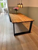 Mooie eettafel 220 x 100cm, zwarte stalen poten., Huis en Inrichting, Tafels | Eettafels, Ophalen, Gebruikt, 100 tot 150 cm, Teakhout