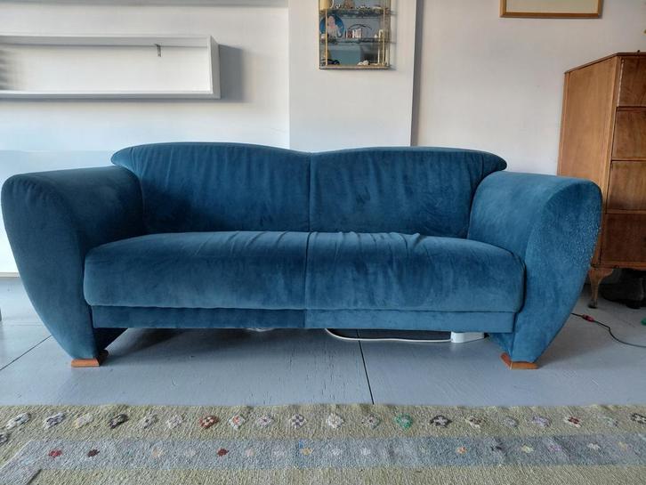 Gratis groen-blauwe 2,5 zits velours bank, Huis en Inrichting, Banken | Bankstellen, Gebruikt, Rechte bank, Tweepersoons, 150 tot 200 cm