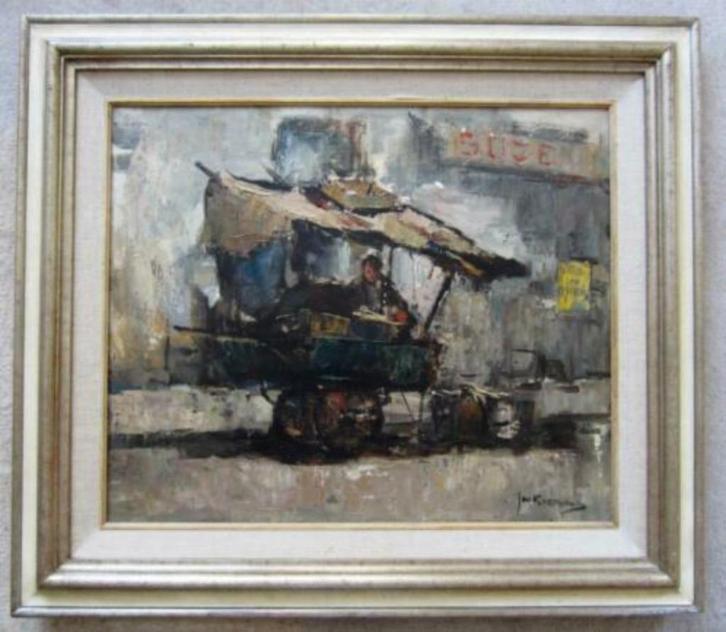 koopman bij stalletje in Parijs===Jan Korthals 1916-1972, Antiek en Kunst, Kunst | Schilderijen | Klassiek, Ophalen of Verzenden