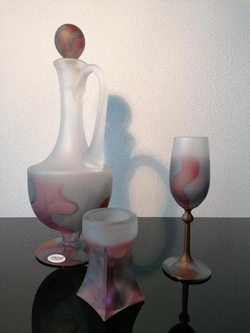 Set Karaf Glas Kaarsenhouder Kristal Van Eyk roze Gesigneerd beschikbaar voor biedingen
