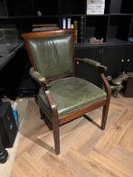 Antieke bruine houten stoelen met groen leder (2 stuks), Ophalen of Verzenden