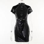 Zwarte gothic lak leren jurk met ringen / punk dames bodycon, Verzenden, Nieuw, Zwart, Boven de knie